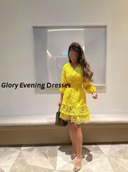 Желтые кружевные короткие платья для выпускного вечера с V-образным вырезом 2023, Элегантные вечерние платья с длинными рукавами длиной до колен, настраиваемые платья для официальных мероприятий