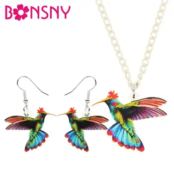 Bonsny Акриловые летающие зеленые серьги-колибри, ожерелье, Наборы украшений, подвески для девочек, подарок, модное украшение для вечеринки