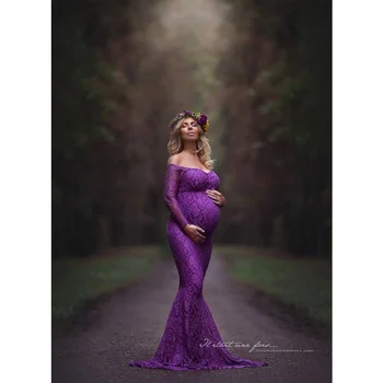 Летнее женское кружевное платье для беременных с воротником в одну линию, однотонное акриловое платье с длинными рукавами, платья для беременных для фотосессии