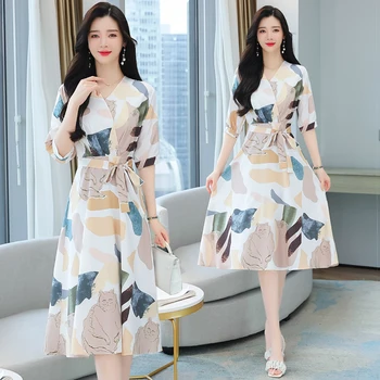 Элегантные женские летние шифоновое платье повседневная V-образным вырезом с коротким рукавом пояса туника бинты пляж длинное платье корейская мода печатных халат