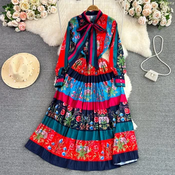 Женское плиссированное платье в стиле бохо с цветочным принтом, вырез-бант, миди-платья трапециевидной формы с длинным рукавом, весенне-летнее богемное праздничное платье M6772