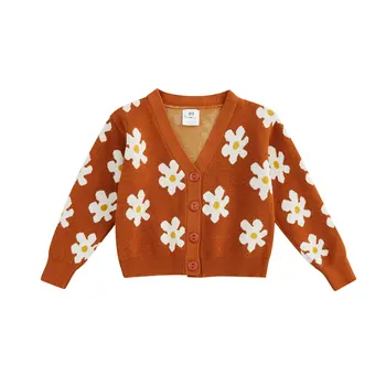 Вязаное пальто для малышей, кардиган для маленьких девочек, милый свитер на пуговицах с длинным рукавом и V-образным вырезом с цветочным принтом от 1 до 6 лет