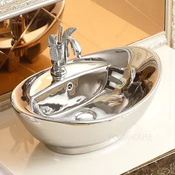 Раковины для ванной комнаты в серебряном слитке Современная Бытовая Ретро-раковина для мытья балкона, раковина на столешнице, Европейский туалет, Керамическая раковина над головой