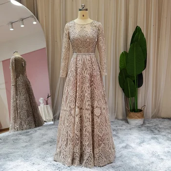 Элегантное Обнаженное Мусульманское Вечернее Платье С Длинным Рукавом Luxury Crystal Dubai Плюс Размер Женских Вечерних Платьев для Свадебной Вечеринки SS191