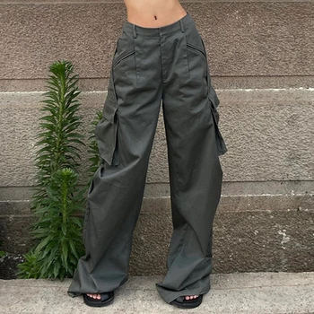 Женские брюки Y2K с широкими штанинами, Прямые брюки, свободные однотонные летние брюки в стиле хип-хоп С низкой талией, простая винтажная уличная одежда