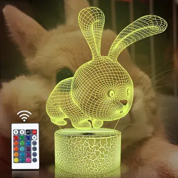 Животное Кролик Аниме 3D Иллюзионная лампа Корпус для спальни Светодиодный ночник Декор Прекрасная атмосфера Детская комната Настольная лампа для подарка детям