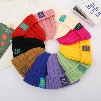 Осенне-зимняя Корейская шерстяная шапка-бини, пуловер, вязаная модная Однотонная Яркая утепленная шапка для маленьких мальчиков и девочек 