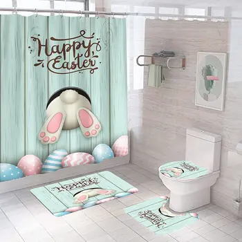 Забавный Пасхальный набор занавесок для душа С милым кроликом, деревянная планка, Синие яйца, Занавески для ванной, Декор для ванной комнаты, Нескользящий коврик, коврик для ванной, Крышка унитаза