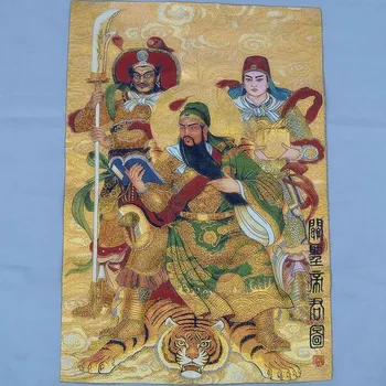 36-дюймовая китайская шелковая вышивка Гуань Гун Ю Бог-воин 2 стража Тханка Картины Фрески