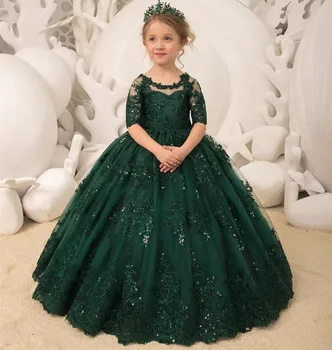 Зеленое тюлевое кружевное платье с длинными рукавами и бантом, расшитое блестками, платье в цветочек для девочек, Свадебное платье в цветочек для причастия на День рождения ребенка