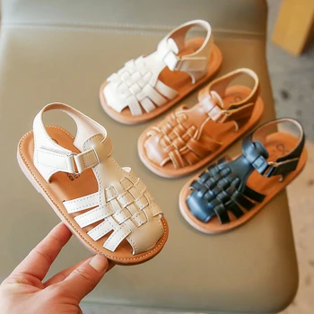 Летние вязаные сандалии для девочек, детские дышащие туфли принцессы на мягкой подошве, детская пляжная обувь для малышей