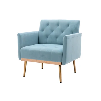 Бархатное акцентное кресло, современное стильное кресло с позолоченными металлическими ножками, удобное кресло для чтения, кресло для гостиной, спальни (синий)