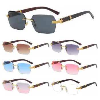 Прямоугольные солнцезащитные очки в стиле панк без оправы для женщин и мужчин, Винтажные деревянные дужки, Солнцезащитные очки с тонированными линзами, Солнцезащитные очки для вождения, UV400 оттенков