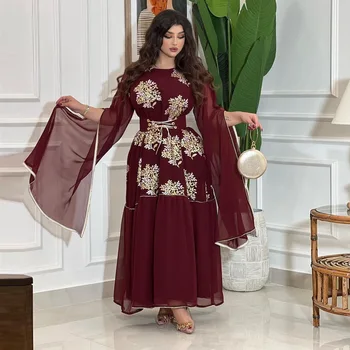 Мусульманское платье с вышивкой для женщин, с разрезом пряжи, с большим рукавом, Дубай, Турция, Вечерние платья с поясом, легкая роскошная арабская одежда Abaya