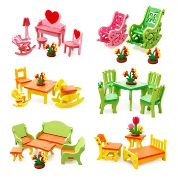 Деревянный кукольный домик Мебель Миниатюрная мебель для дома Кресло-качалка Обеденный стол Ролевые игры Детская игрушка Челночный корабль
