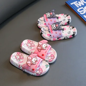 Детские тапочки Sanrio Hello kitty, летняя домашняя обувь kuromi для девочек и мальчиков, нескользящие вьетнамки, пляжная обувь, мультяшные сандалии