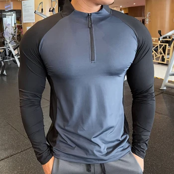 Новая осенне-зимняя мужская футболка для бега и фитнеса с длинным рукавом, эластичные быстросохнущие спортивные рубашки для бодибилдинга с воротником-молнией