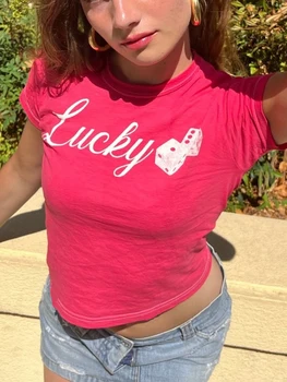 Y2K Lucky Letter, милый топ, женская модная повседневная футболка в стиле харадзюку в стиле ретро, тонкая футболка с коротким рукавом