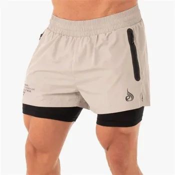 2023 Мужские повседневные летние шорты 2 в 1 с карманом на молнии, мужские шорты для фитнеса, бодибилдинга, мужские модные короткие штаны