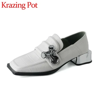 Лоферы Krazing Pot из натуральной кожи с квадратным носком на высоком каблуке с металлическим украшением Для юной леди Повседневная одежда без застежки Уютные женские туфли-лодочки L15