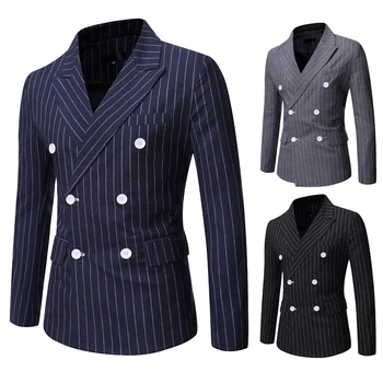 Мужской блейзер в черную полоску, модный двубортный мужской костюм, куртка, пальто, повседневный деловой костюм Masculino S-3XL