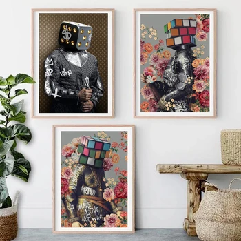 Плакат художника в маске Крисса Беллини и принты винтажных цветов из Кубика Рубика, художественные работы, принты на холсте для декора гостиной