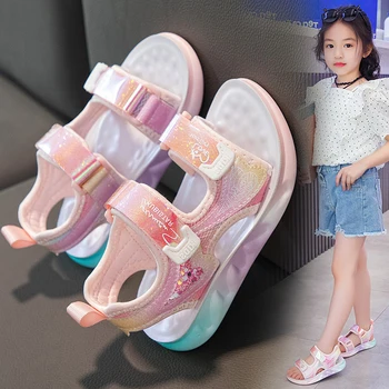 Летние сандалии Принцессы для девочек, яркая блестящая пляжная обувь, Дизайнерская Милая Детская школьная спортивная обувь, повседневная обувь на плоской подошве, Размер 26-37