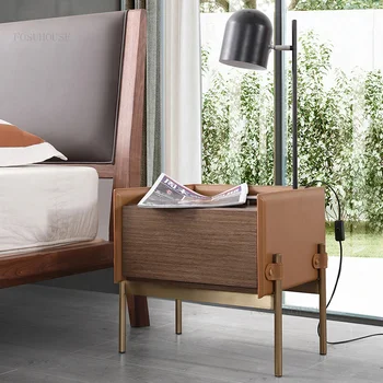 Итальянская мебель для дома из массива дерева Тумбочки для дизайнерской спальни Прикроватный столик Современная простая квартира Кожаный шкаф для хранения