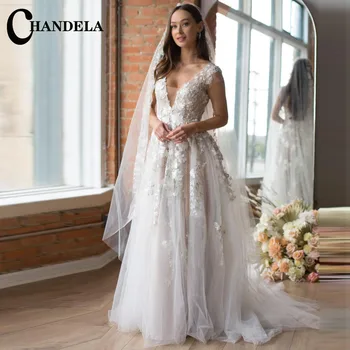 Классические свадебные платья CHANDELA с короткими рукавами трапециевидной формы, с аппликацией в виде овальных складок, свадебное платье Robe De Mariée для женщин, сшитое на заказ