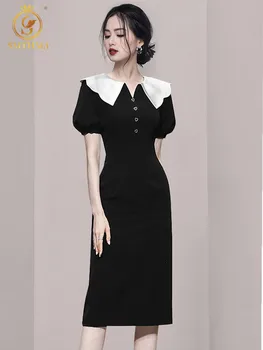 Новое модное женское летнее платье с винтажным фонариком и коротким рукавом, женское черное платье средней длины с тонкой талией, Vestidos