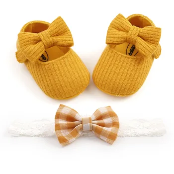 Обувь и повязка на голову для новорожденных девочек и мальчиков FOCUSNORM, однотонная противоскользящая обувь + головной убор в клетку с бантом