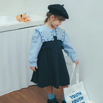 deer jonmi 2023 Весенние наряды для маленьких девочек в элегантном стиле, синие рубашки с вышивкой, плиссированное платье-жилет, шикарные комплекты из 2 предметов для малышей
