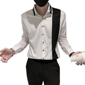 Мужская рубашка с длинными рукавами, весенне-осенние черно-белые рубашки с цветными блоками, модный бренд, повседневная Красивая верхняя мужская одежда