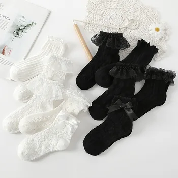 Детские кружевные носки с оборками, короткие носки для девочек, сетчатые дышащие носки для лодыжек, Белые, черные, с бантом в стиле Лолиты, Детские Тонкие носки Calcetines 양말