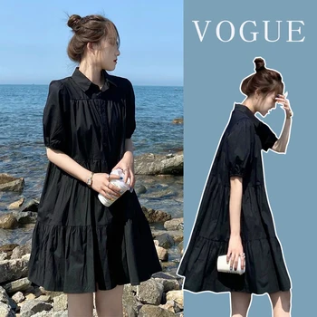 C46055 # Dress Свободные женские платья, летняя черная одежда для беременных, плиссированное платье для беременных