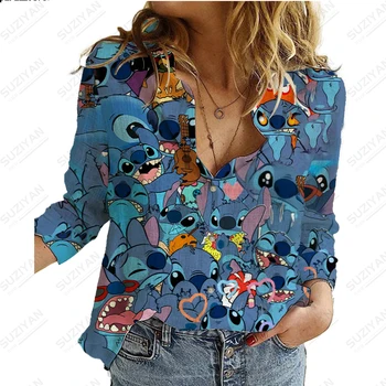 2023 Новая Весенне-Осенняя Рубашка с длинным Рукавом и пуговицами на пуговицах С 3D Принтом, Свободный и удобный Топ Harajuku Fit Large Disney Stitch 626