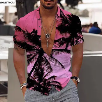 Гавайские рубашки с рисунком Пальмы и Радужными пуговицами на рубашке с коротким рукавом Уличная Одежда Пляжная Повседневная Мужская одежда