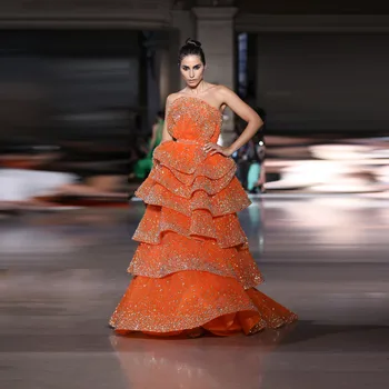 Вечерние платья Abendkleider Dubai с крупным оранжевым стразом, роскошное вечернее платье, расшитое бисером, Многослойные Макси-платья для выпускного вечера, Длинные Великолепные