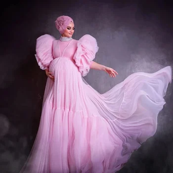 Элегантные Арабско-мусульманские Розовые тюлевые платья для беременных для фотосессии с пышными рукавами и высоким воротом, Новое поступление, платье для беременных Babyshower