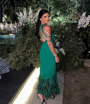Арабские роскошные вечерние платья с перьями, бисером на шнуровке, длиной до щиколоток, настраиваемые зеленые платья для выпускного вечера.