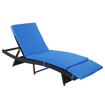 Железный каркас S-образной формы 193 * 68 * 33 см, Черная рельефная синяя подушка, плетеная ротанговая кровать для патио, садовая мебель на заднем дворе