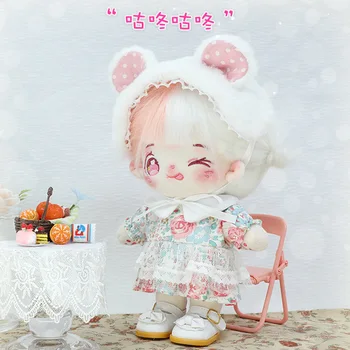 В наличии 20 см, без атрибутов, милая плюшевая бело-розовая Жареная кукла в одежде, Медвежья лента для волос, кукла в цветочном платье, игрушка для косплея, подарок