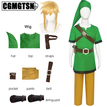 CGMGTSN Игра Zelda Link Косплей Костюм Детская Зеленая рубашка Брюки Костюмы и парики Наряды для взрослых Карнавальная одежда на Хэллоуин