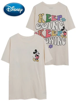 Disney 2023, Новая стильная футболка с вышивкой буквами Микки Мауса и мультяшным принтом, модный женский пуловер с круглым вырезом, футболки с коротким рукавом, топы