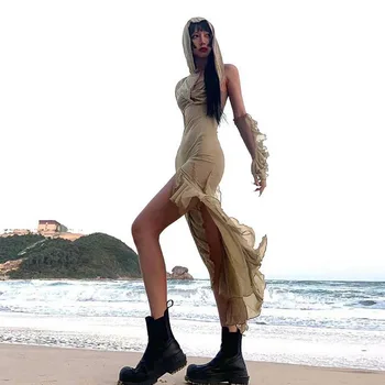 Y2K Сексуальное Модное сетчатое платье Миди с капюшоном и оборками без рукавов, Летние пляжные вечерние платья с разрезом, Клубные наряды