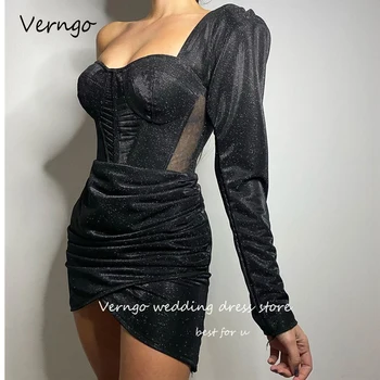 Черные блестящие платья для выпускного вечера Verngo, блестящие Мини-платья для Арабского ночного мероприятия с длинным рукавом на одно плечо, Официальные вечерние коктейльные платья