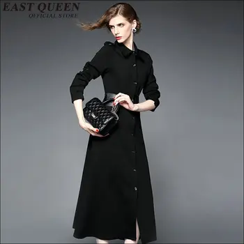 Красивое новое сексуальное платье с отложным воротником, однотонные платья из ткани до середины икры, Элегантное черное платье с длинным рукавом KK1133