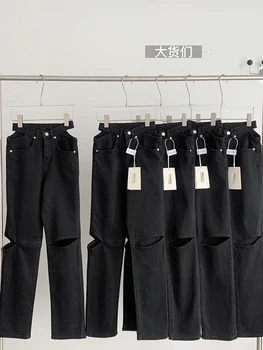 Женские винтажные джинсовые брюки с прямыми штанинами, джинсы с рваными дырками, длинные брюки Harajuku, уличная одежда Y2k 2000-х, Эстетическая классика