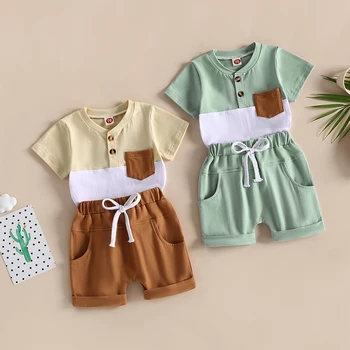 Летние модные комплекты одежды для маленьких мальчиков от 0 до 3 лет, футболка в стиле пэчворк с коротким рукавом и шорты с эластичной резинкой на талии, наряды