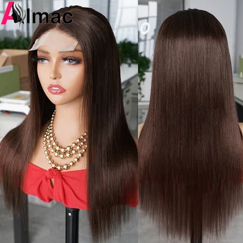 Шоколадно-коричневые парики из человеческих волос с прямой кружевной застежкой для женщин, Т-образная средняя часть, парик из индийских волос Remy с прозрачным кружевом Almac